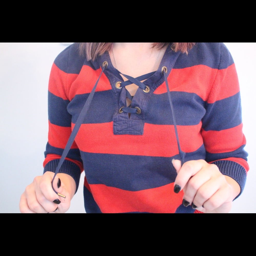 Ralph Lauren Striped Lace Up Sweater in Blue/Red - Picture 2 of 3